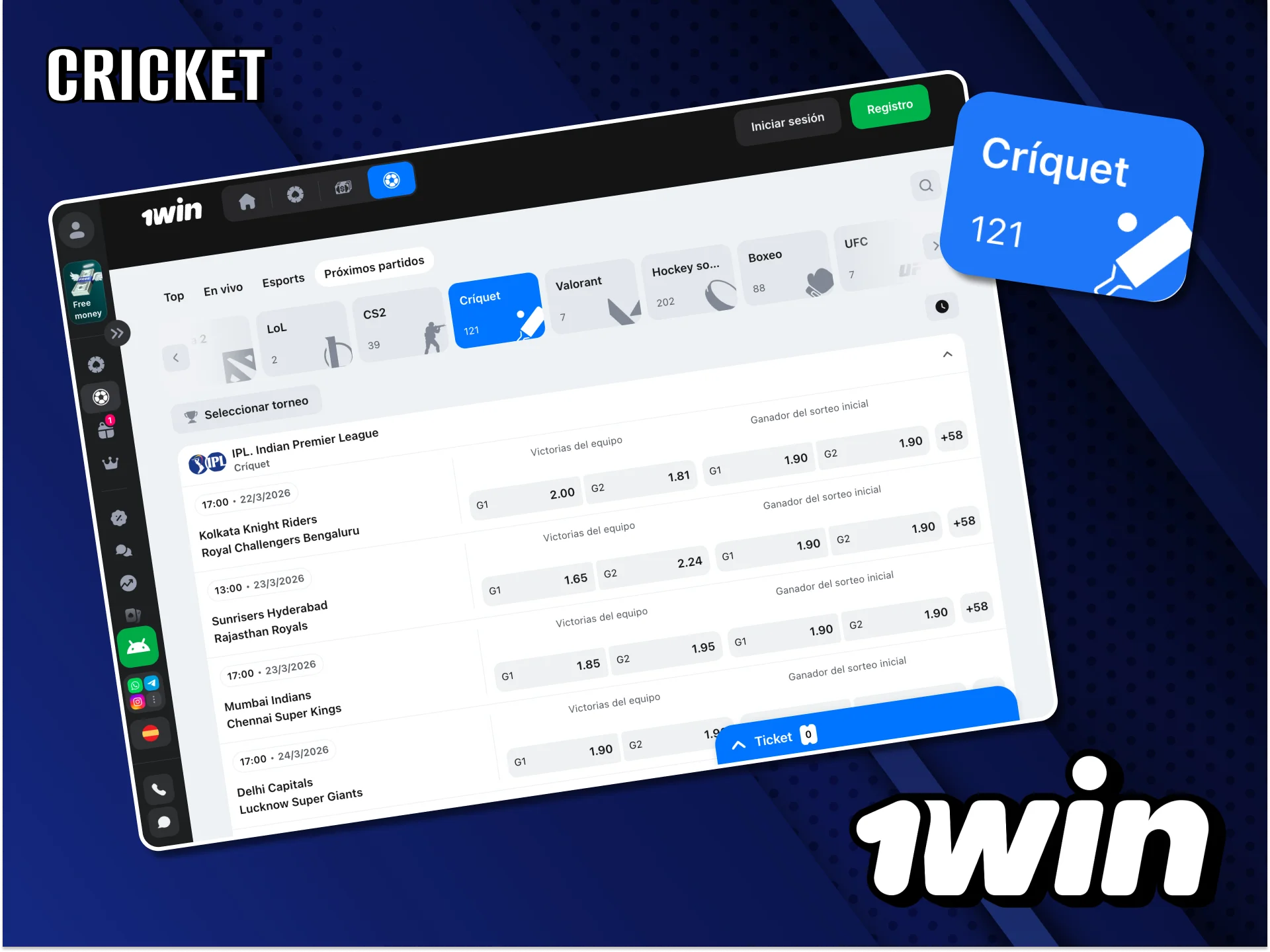 Haga sus apuestas en una gran variedad de partidos de críquet en la casa de apuestas 1Win.